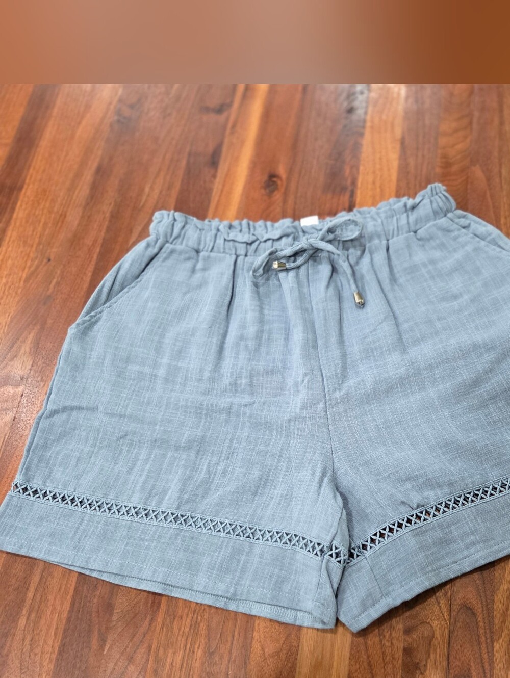 Bunulu Steele Blue Women's Drawstring Shorts with Cutout Trim 100% Cotton Boho L